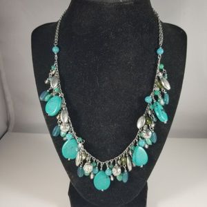Faux Turquoise Silvertone Cluster Necklace